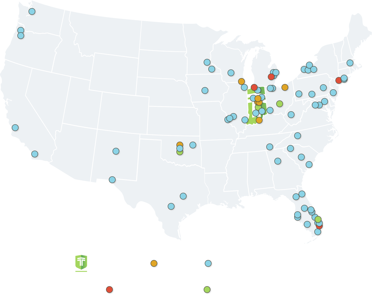 Map showing locations represented by color dots